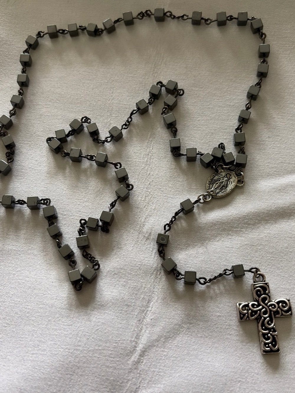 Gunmetal Rosary-Style Cross Necklace